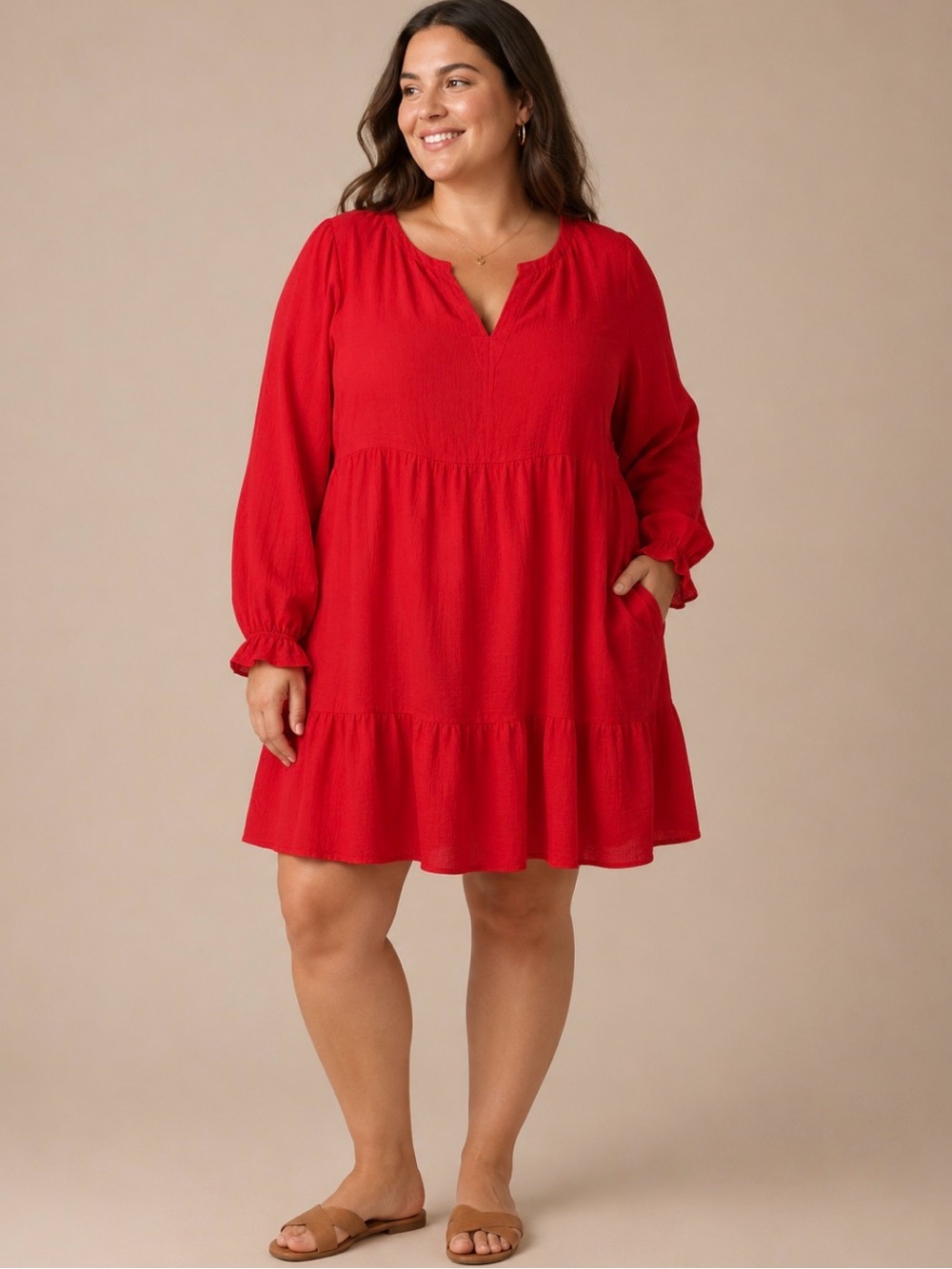 Kaktus Long Sleeve Tiered Split V-Neck Red Babydoll Dress Women’s L Relaxed Fit